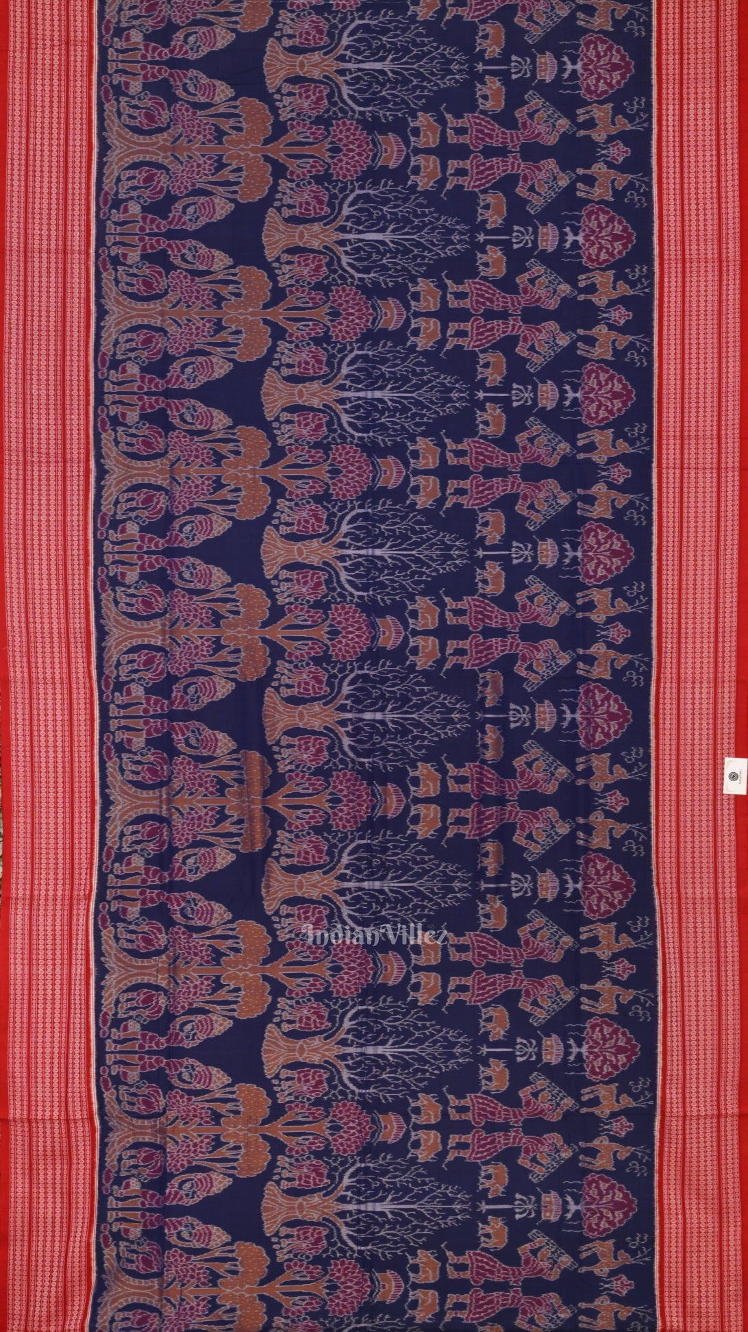 Navy Blue Red Animal Theme Sambalpuri Ikat Cotton Saree