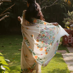 Off White Handloom Bengal Cotton Saree With Floral Meenakari Motifs in Border and Tree of Life Woven in the Jamdani Technique