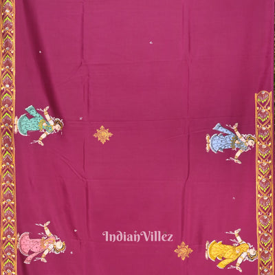 Maroon Ardha Chandra Krishna Rasa Leela Hand-Painted Pattachitra Saree