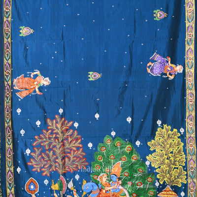 Blue Red Radha Krishna Peacock Design Hand-Painted Pattachitra Saree