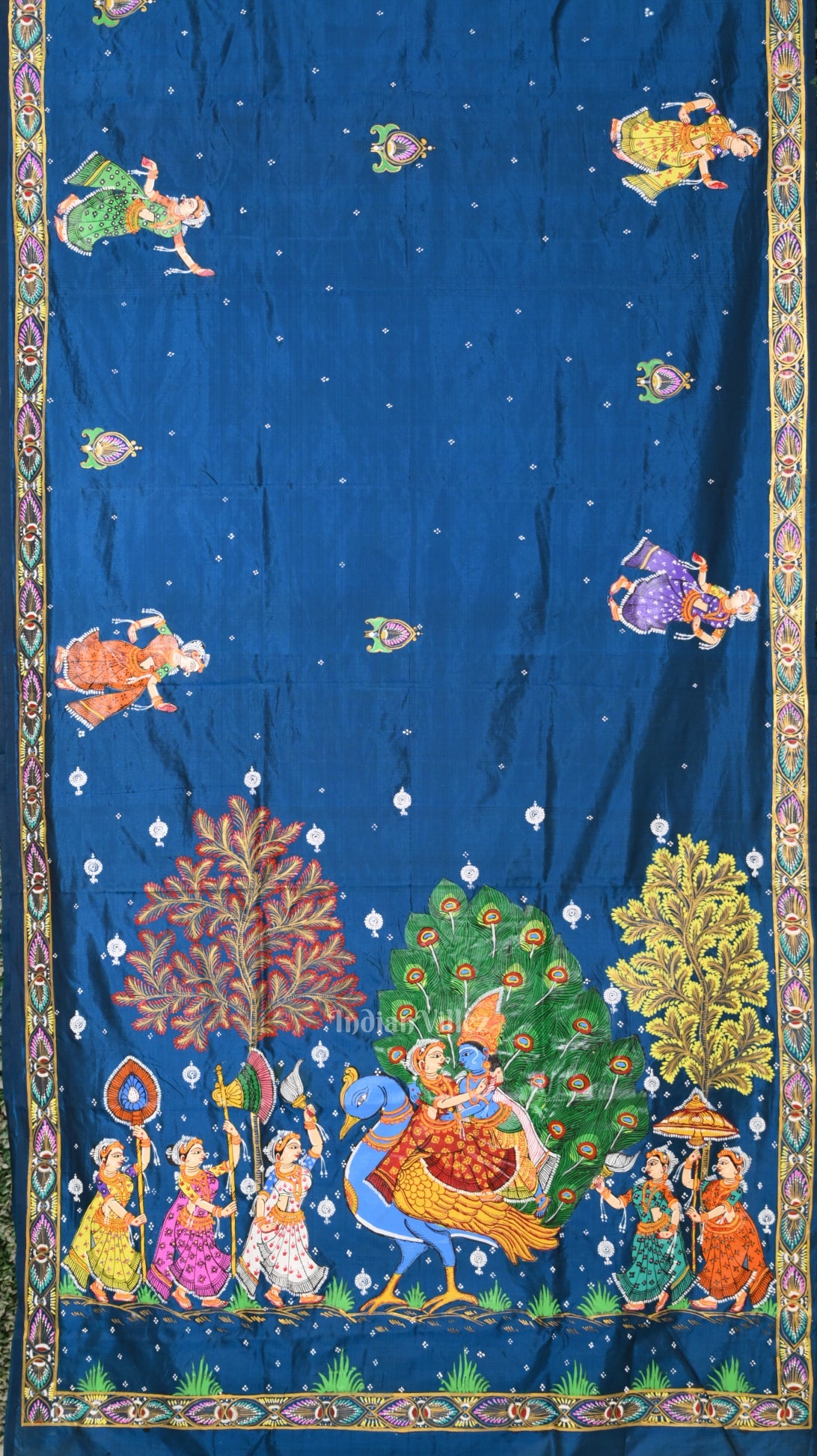 Blue Red Radha Krishna Peacock Design Hand-Painted Pattachitra Saree
