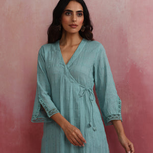 trueBrowns Aqua Blue Cotton Dobby Angrakha Kurta Set