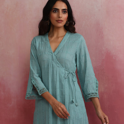 trueBrowns Aqua Blue Cotton Dobby Angrakha Kurta Set