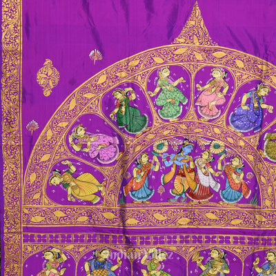 Purple Rasleela Hand-Painted Theme Pattachitra Silk Saree