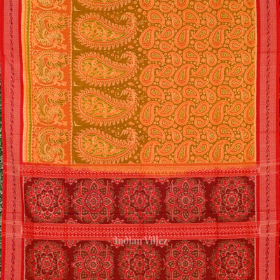 Mehendi Green Red Sambalpuri Pure Cotton Saree