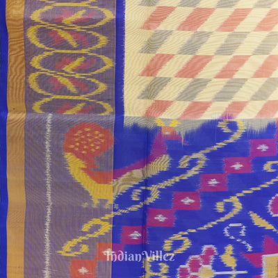 Off White Blue Pochampally Ikat Handloom Silk Saree