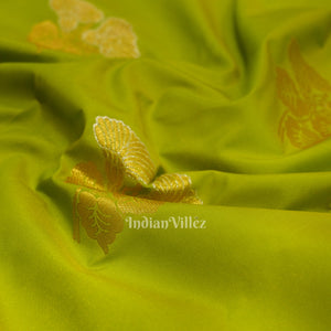 Parrot Green Brocade with Rani Pink Border Kanjivaram Silk Saree