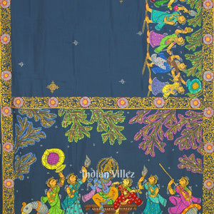 Peacock Blue Radha Krishna Boita Hand-Painted Pattachitra Saree