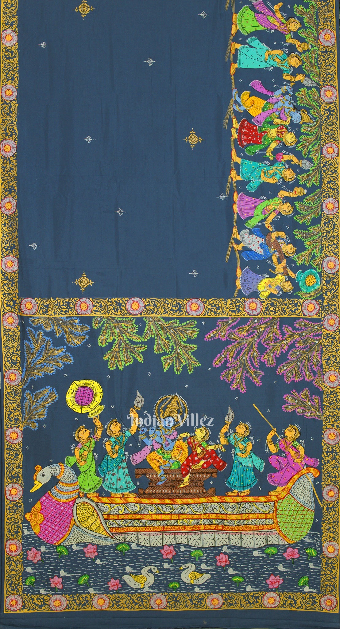 Peacock Blue Radha Krishna Boita Hand-Painted Pattachitra Saree