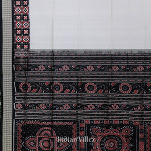 White Black Pasapali Border Design Odisha Ikat Bomkai Silk Saree