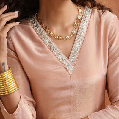 trueBrowns Blush Pink Tissue Flared Anarkali Kurta Set
