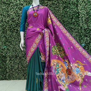 Purple Hand-Painted Kandarpa Ashwa (Horse) Pattachitra Saree