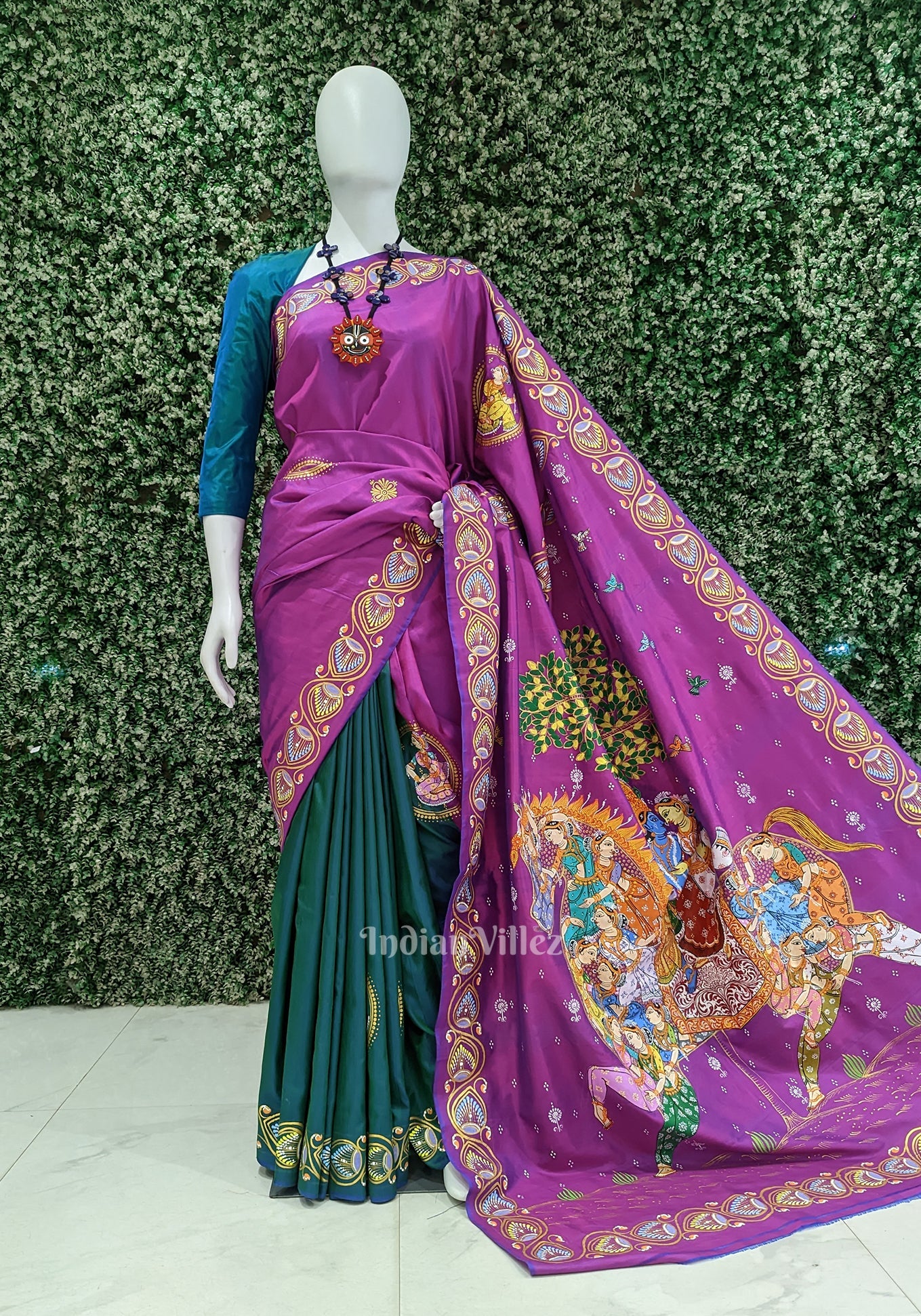 Purple Hand-Painted Kandarpa Ashwa (Horse) Pattachitra Saree