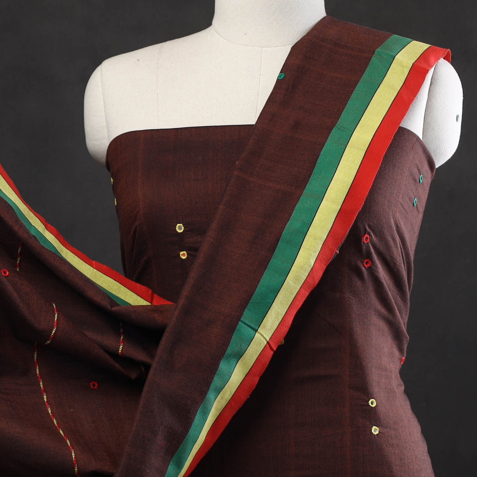 Brown - 3pc Bhujodi Mirror Work Handloom Cotton Suit Material Set 08