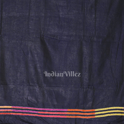 Navy Blue Handwoven Kantha Stitch Silk Saree