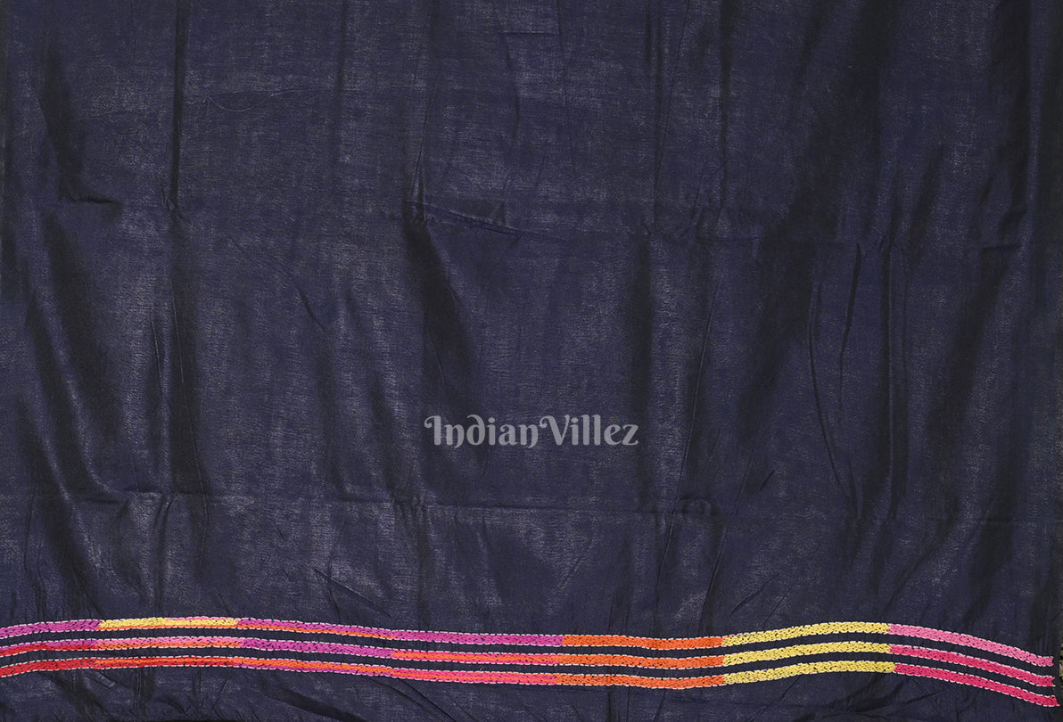 Navy Blue Handwoven Kantha Stitch Silk Saree