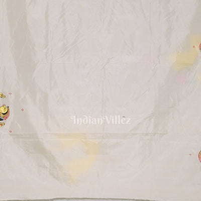 White Arjuna Bows to Navagunjara Hand-Painted Pattachitra Saree