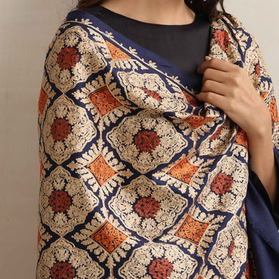 trueBrowns Navy Blue Embroidered Woollen Stole