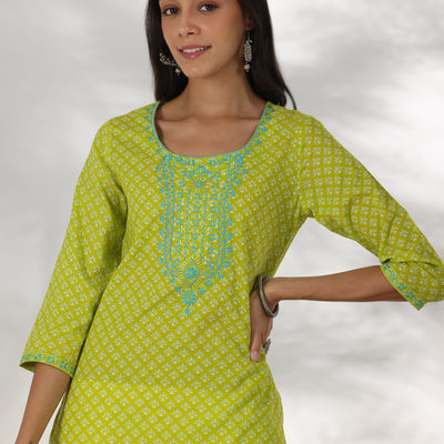 Green Printed Cotton Straight Kurta