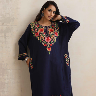 trueBrowns Blue Kashmiri Embroidered Woollen Phiran Kurta