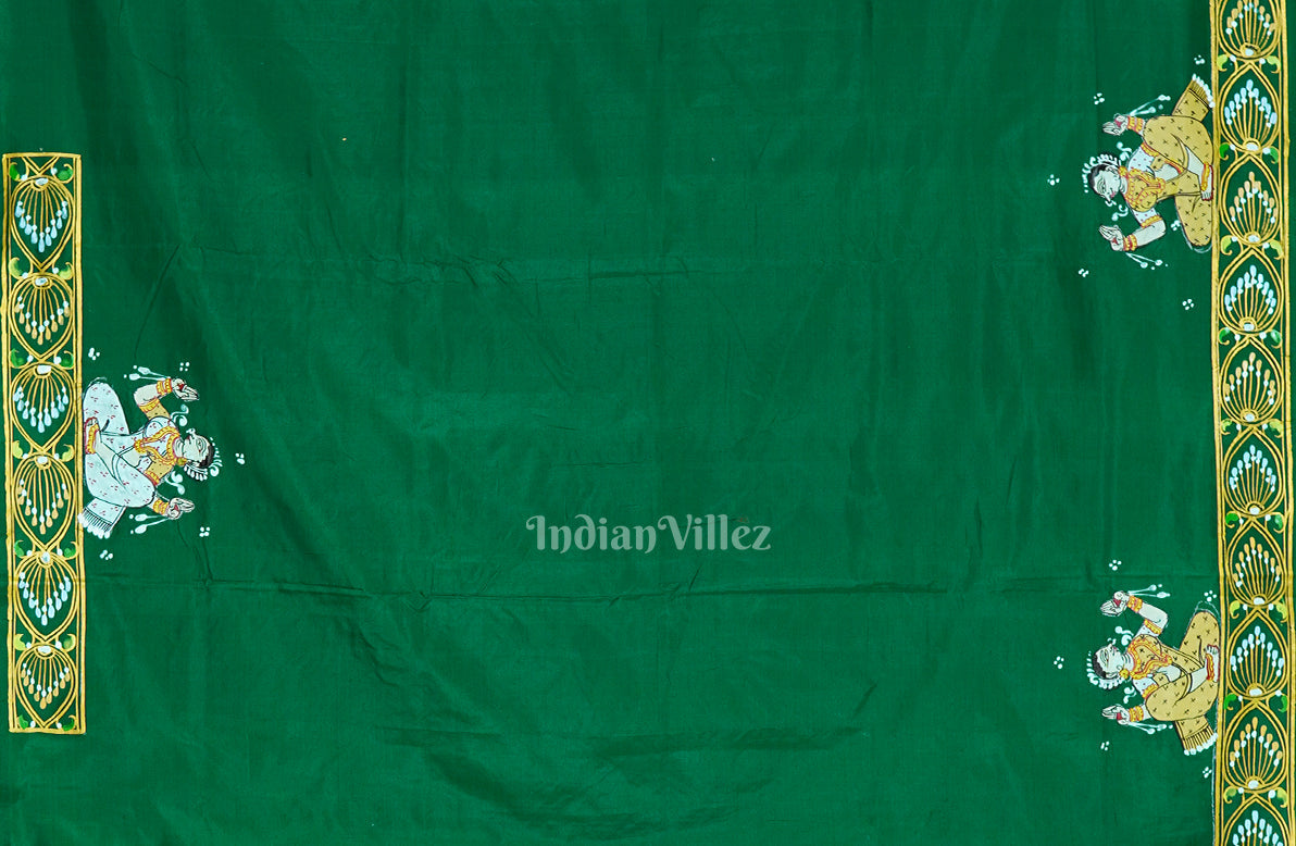 Green Radha Krishna Boita Theme Hand-Painted Pattachitra Saree