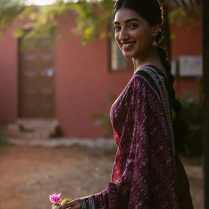 Dark Purple Handloom Orissa Cotton saree With Worli Design