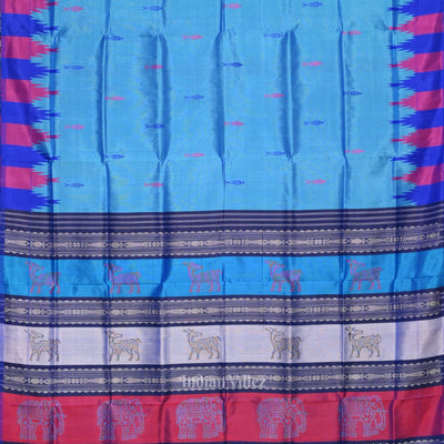 Sky Blue with Fish Motif Double Pallu Berhampuri Silk Saree