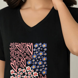 V-Neck Sleep Tee - Floral Heart Print