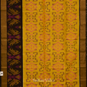 Yellow with Coffee  Handloom Pochampally Ikat Silk Saree