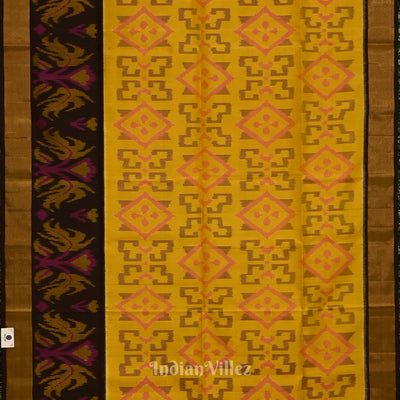 Yellow with Coffee  Handloom Pochampally Ikat Silk Saree