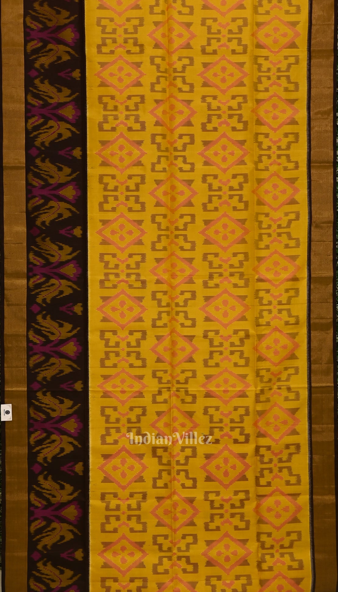 Yellow with Coffee  Handloom Pochampally Ikat Silk Saree