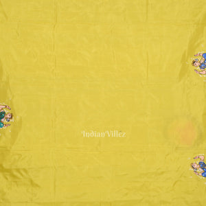 Lemon Yellow Radha Krishna Boita Theme Hand- Painted Pattachitra Saree
