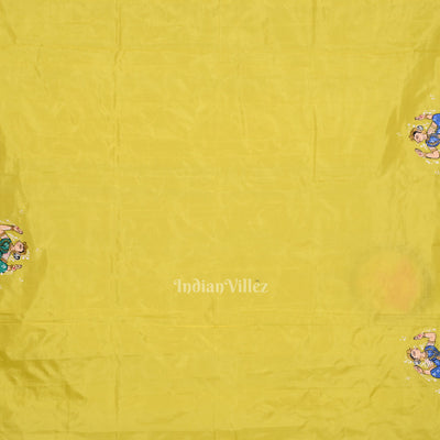 Lemon Yellow Radha Krishna Boita Theme Hand- Painted Pattachitra Saree