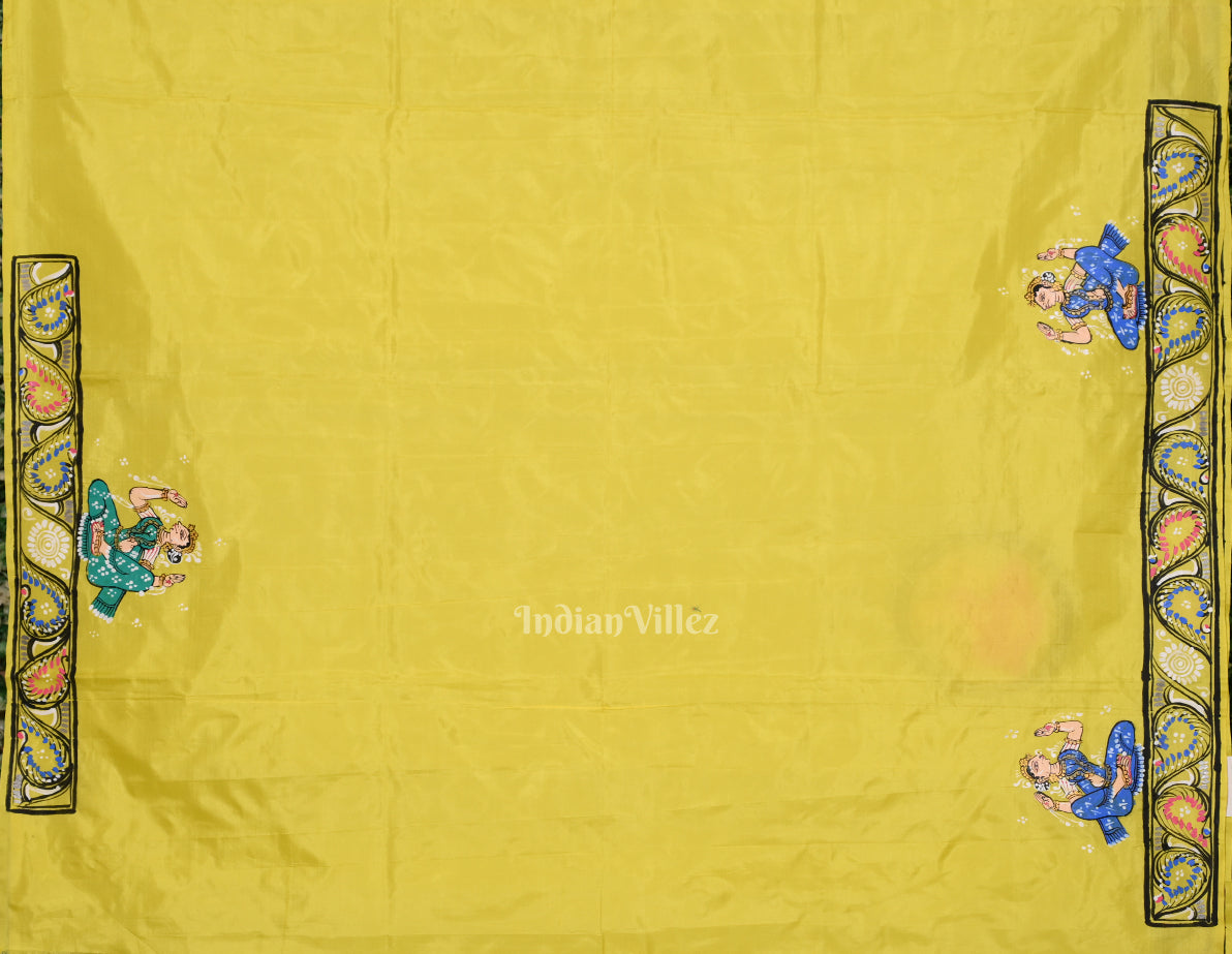 Lemon Yellow Radha Krishna Boita Theme Hand- Painted Pattachitra Saree