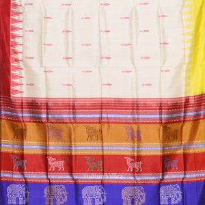 White Fish Motif With  Animal Theme Double Pallu Berhampuri Silk Saree