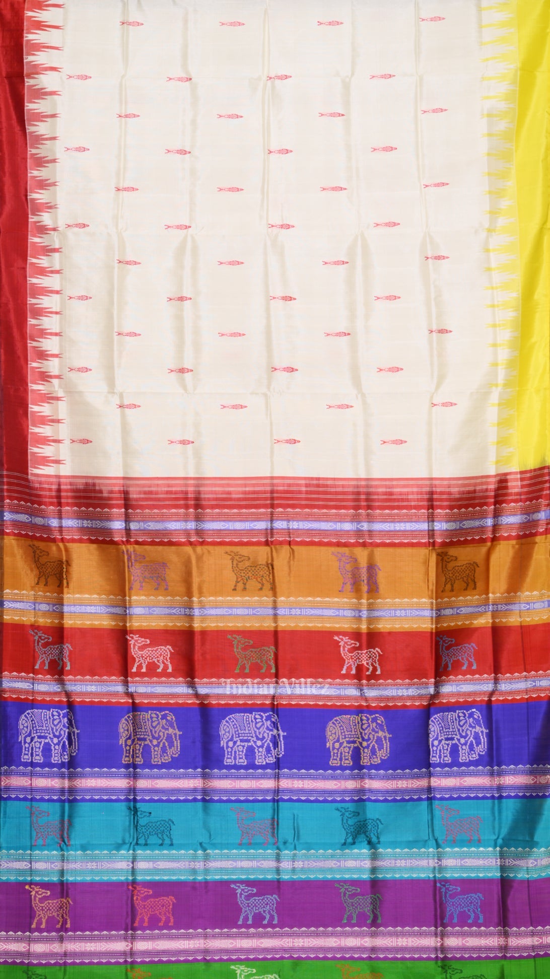 White Fish Motif With  Animal Theme Double Pallu Berhampuri Silk Saree