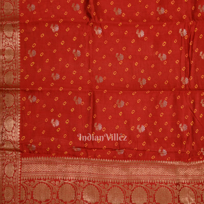 Maroon Red Bandhini Work Pure Chiniya Silk Banarasi Saree