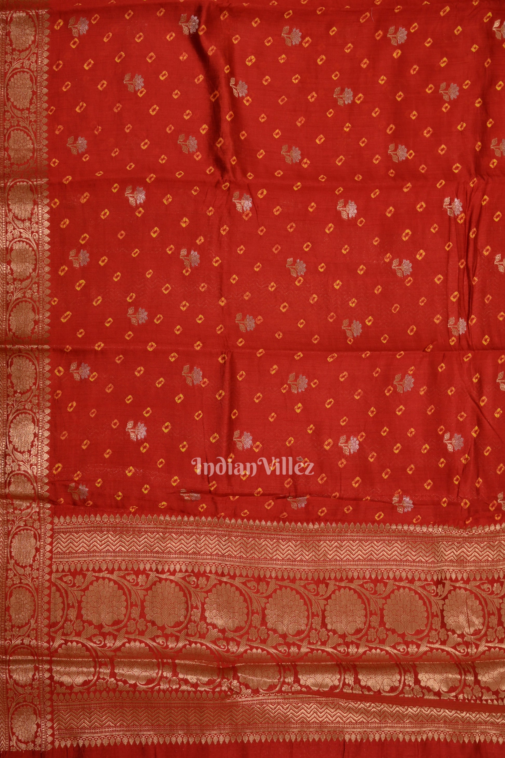 Maroon Red Bandhini Work Pure Chiniya Silk Banarasi Saree