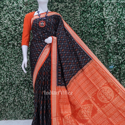 Black Orange Tribal Theme Sambalpuri Silk Saree