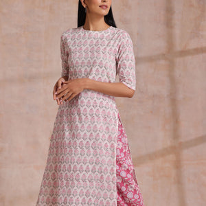 Pink Green Floral On White Block Print Cotton Slit Kurta Pant Set | Relove