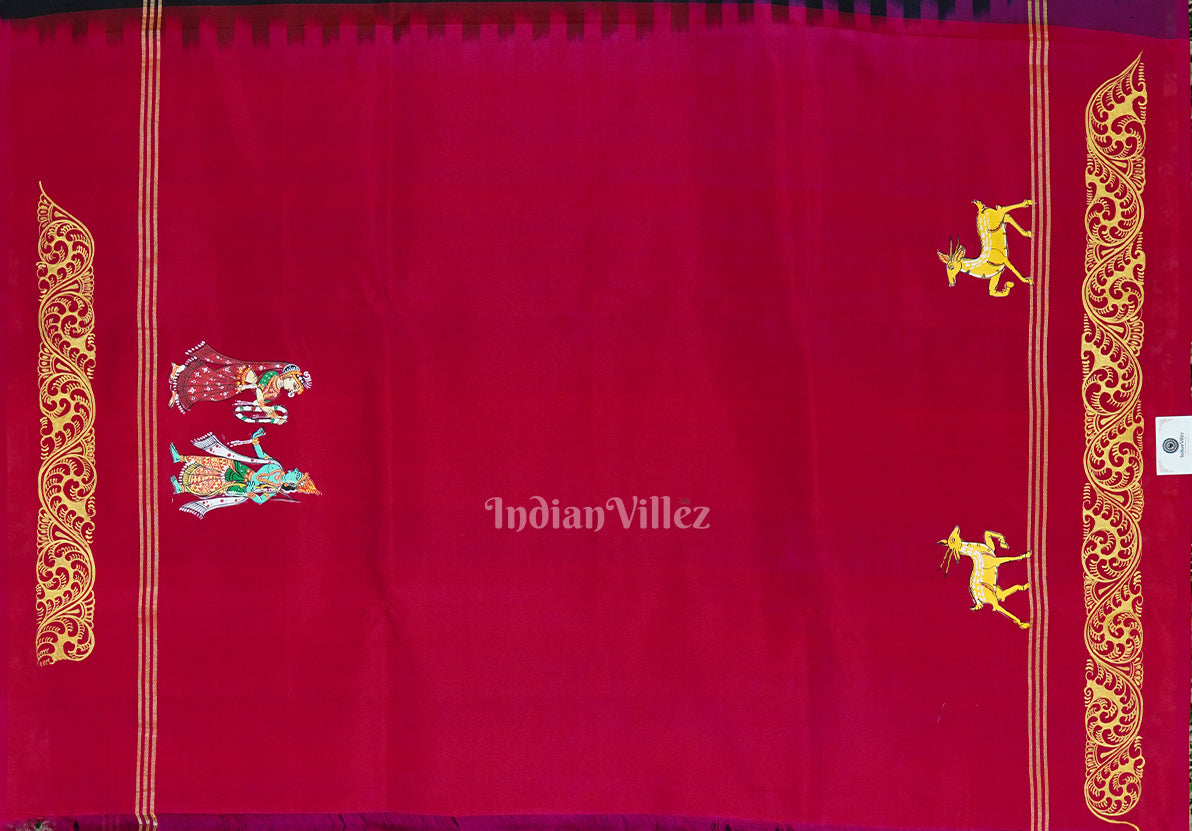 Black Rani Ramayana Theme Hand-Painted Pattachitra Saree