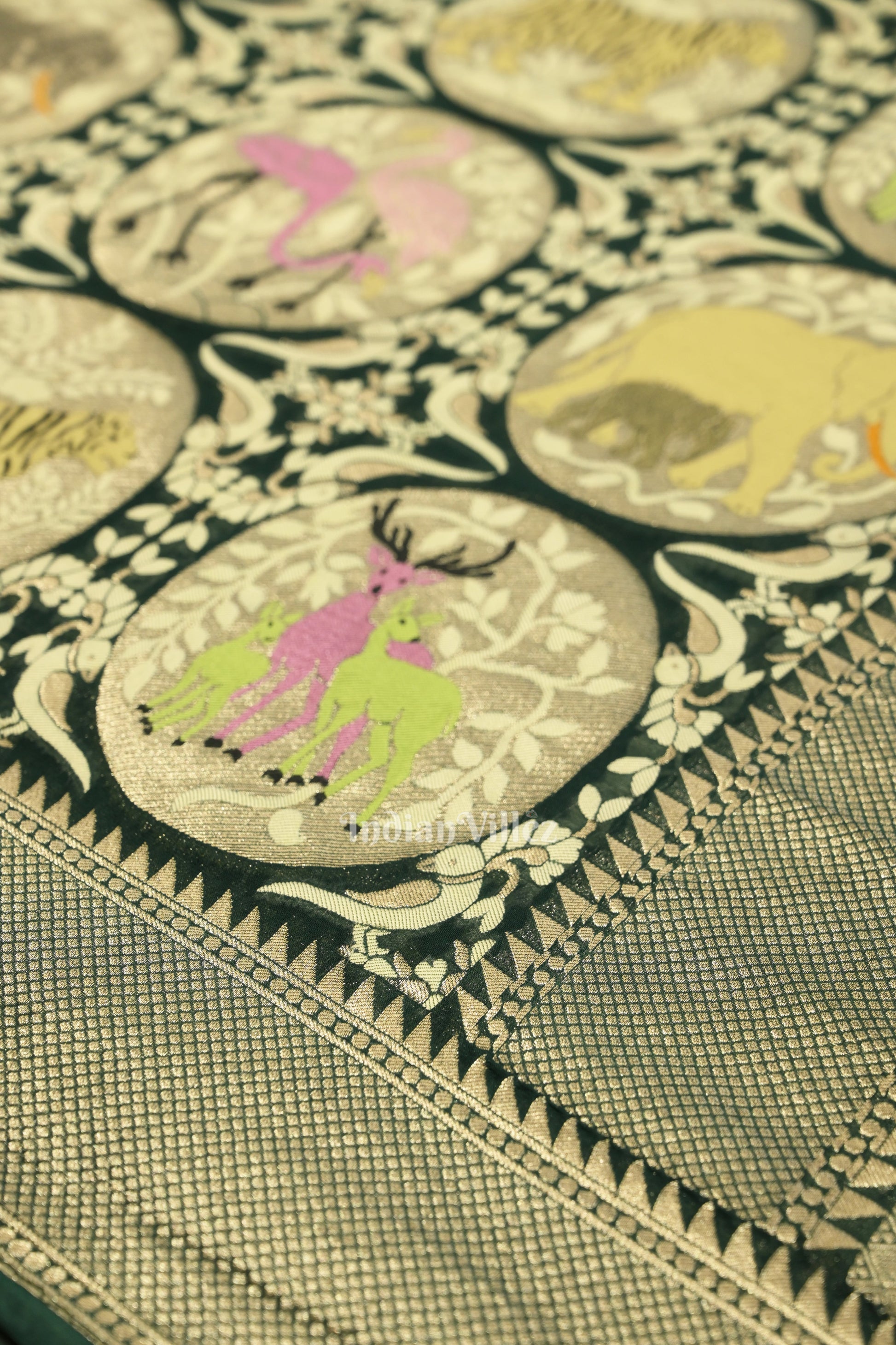 Dark Green Shikargah Theme Banarasi Khaddi Georgette Saree