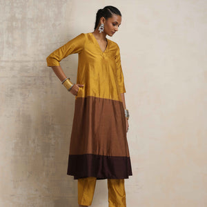 trueBrowns Gold Brown Silk A-line Kurta Set