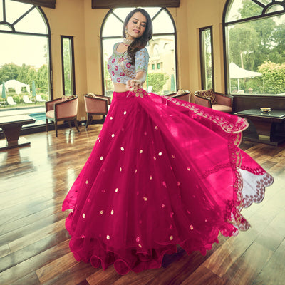 Dark Pink Sequins Embroidered Netted Lehenga Choli