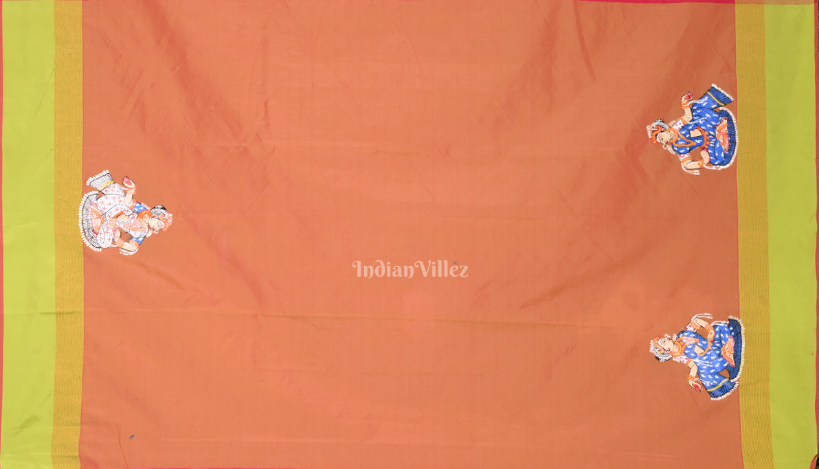 Pink Orange Radha Krishna Raasleela Hand-Painted Pattachitra Saree