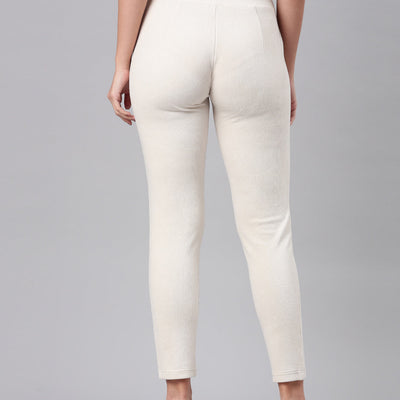 Women Solid Cream Mid Rise Corduroy Treggings