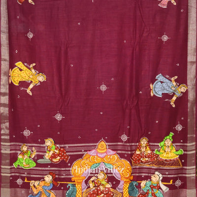 Magenta Doli Barat Theme Hand-Painted Pattachitra Saree