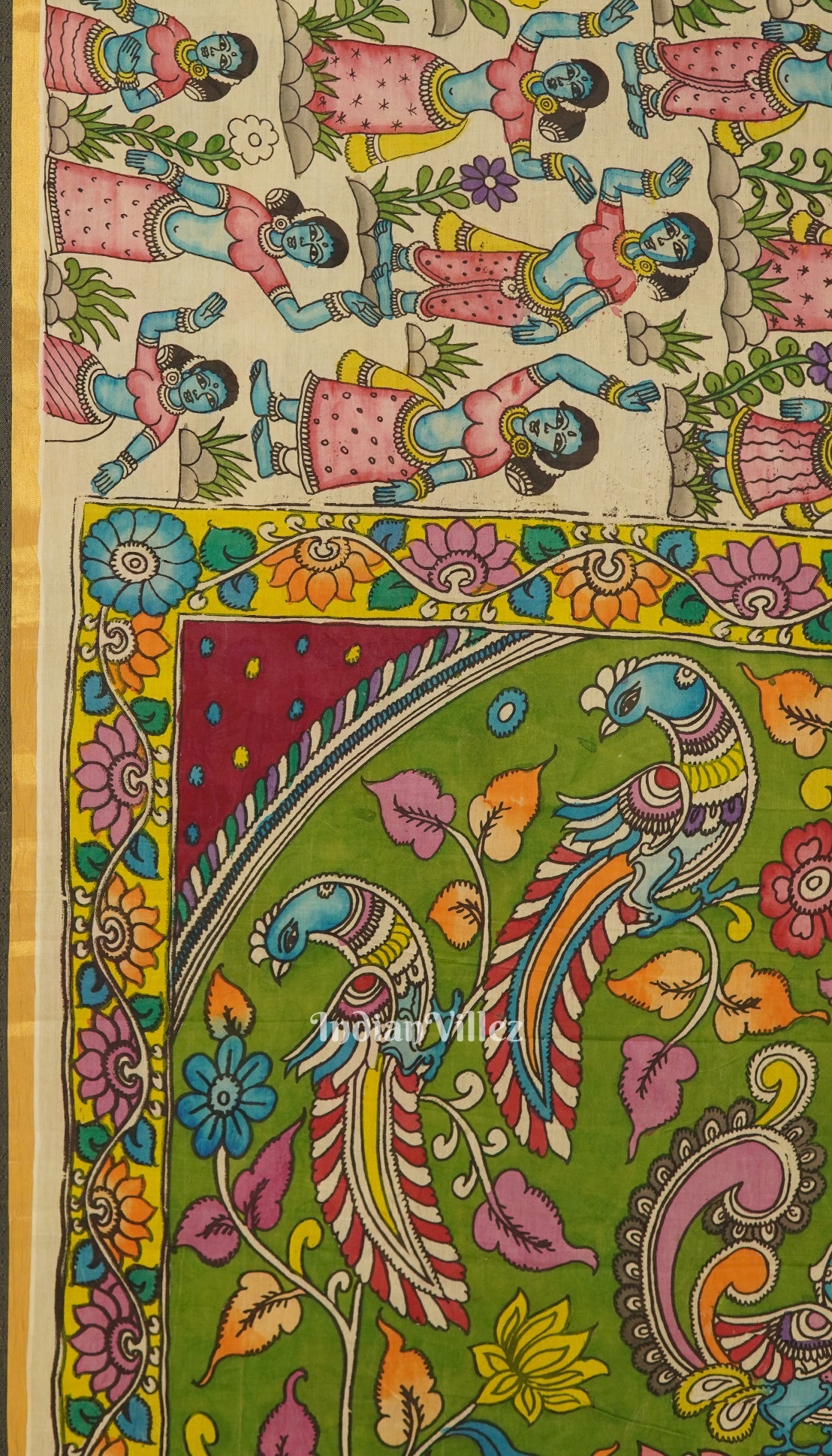 Off White Hand-Painted Natural Dye Cotton Kalamkari Saree