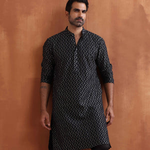 trueBrowns Men's Black Cotton Dobby Kurta