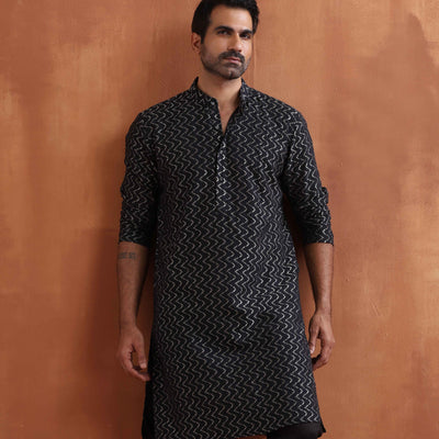 trueBrowns Men's Black Cotton Dobby Kurta